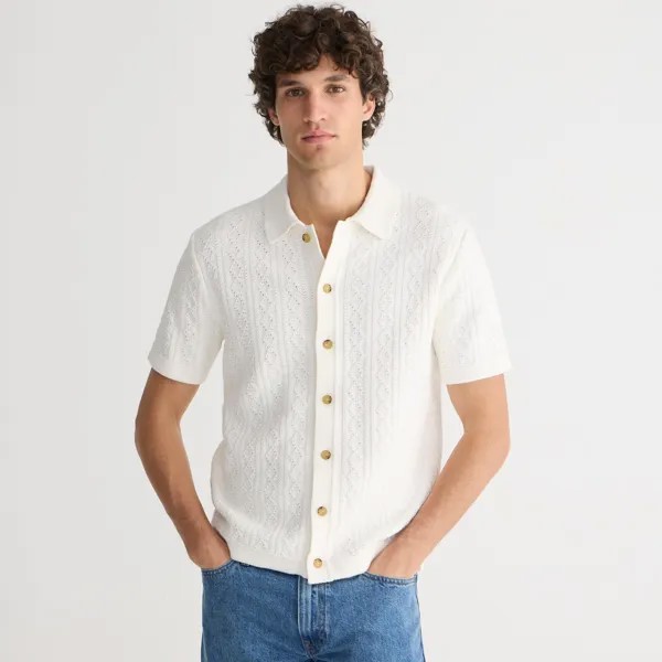 Свитер-Поло из хлопка с короткими рукавами и ажурной вязкой J.Crew, синий