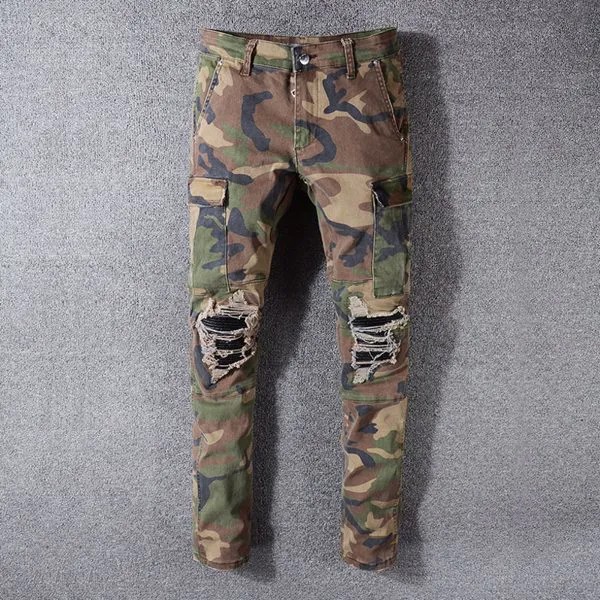 Брюки мужские камуфляжные, джинсы-карго в стиле милитари, байкерские прямые брюки Slim Fit в стиле пэчворк, армейский зеленый цвет, с карманами