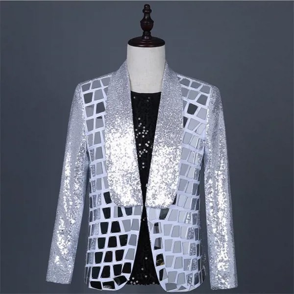 Блейзер Мужской в клетку с блестками, куртка, сценический костюм, одежда в стиле звезд для танцев, серебристый костюм в стиле панк-рок