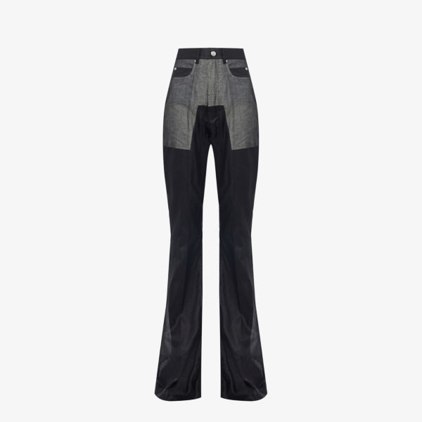 Полупрозрачные расклешенные хлопковые брюки с контрастной вставкой Rick Owens, черный