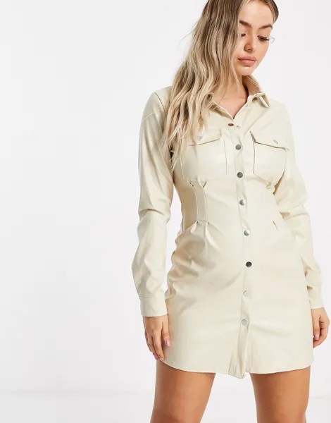 Кремовое платье-рубашка из искусственной кожи с вытачками Missguided-Белый