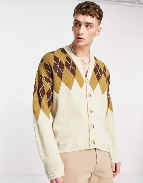 Светло-коричневый трикотажный кардиган с ромбовидным узором ASOS DESIGN-Коричневый цвет
