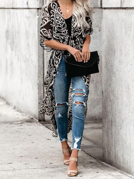 Milanoo Women Parkas Black Printed Pattern Half-Sleeve Polyester Long Outerwear