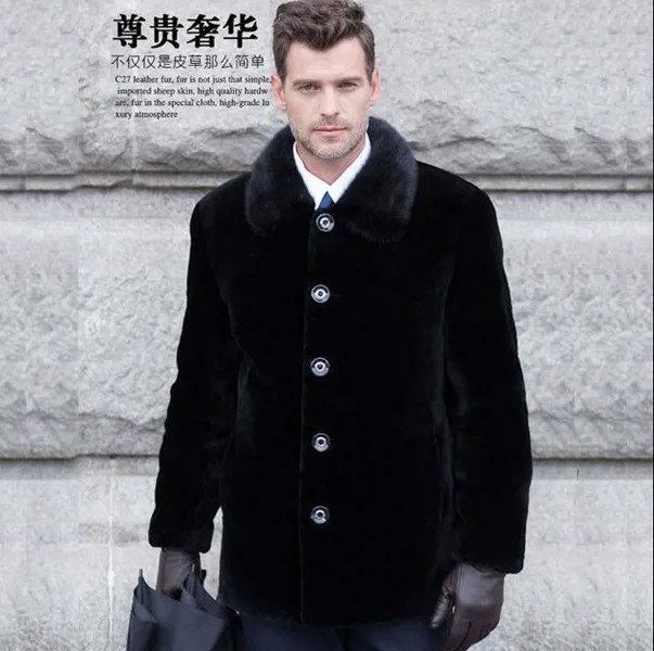 Зимние мужские меховые пальто из искусственного меха, утолщенная теплая верхняя одежда средней длины, мужские норковые кожаные куртки и пальто с отложным воротником, черные
