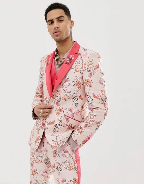 Розовый приталенный жаккардовый пиджак с цветочным узором и вышивкой на лацканах ASOS EDITION