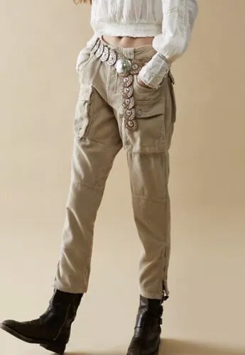 Светло-коричневые вельветовые брюки с напуском Free People London Calling в клетку и карманом с принтом 32 NWT