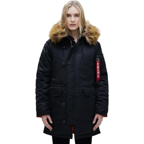 Парка  ALPHA INDUSTRIES зимняя, средней длины, силуэт прямой, капюшон, несъемный капюшон, регулировка ширины, манжеты, карманы, отделка мехом, ветрозащитная, внутренний карман, водонепроницаемая, съемный мех, подкладка, размер XS, черный