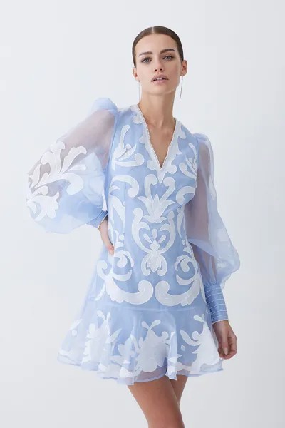 Тканое мини-платье Petite с аппликацией и пуговицами из органди Karen Millen, синий