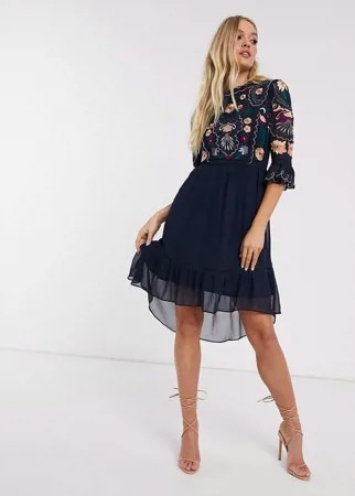 Платье миди с рукавами 3/4 и вышивкой Frock & Frill-Темно-синий