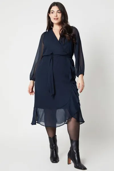Тканое платье с длинными рукавами и запахом Curve с оборками Wallis, темно-синий