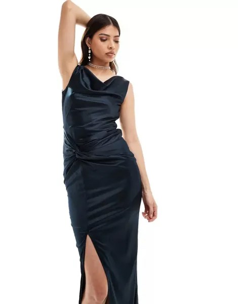 Темно-синее атласное платье макси с воротником-хомутом и завязками TFNC Bridesmaids