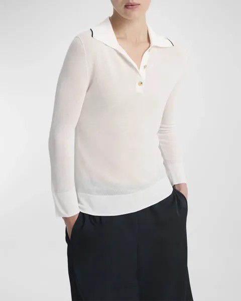 Рубашка-поло из пике с длинными рукавами и воротником-стойкой Vince, цвет Off White/Coastal