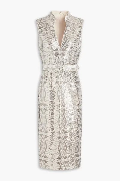 Платье из джерси с поясом и пайетками Badgley Mischka, бежевый