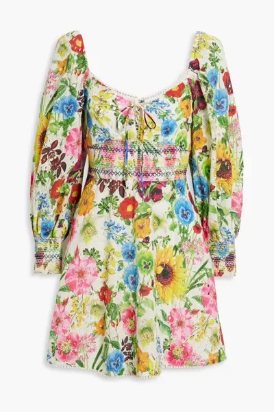 Платье мини Crawford из английской бродери с цветочным принтом Alice + Olivia, цвет Off-white