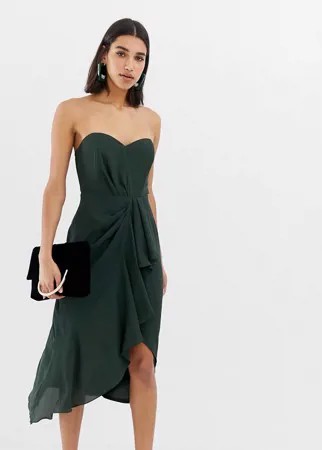 Платье-бандо миди с драпировкой спереди ASOS DESIGN-Зеленый