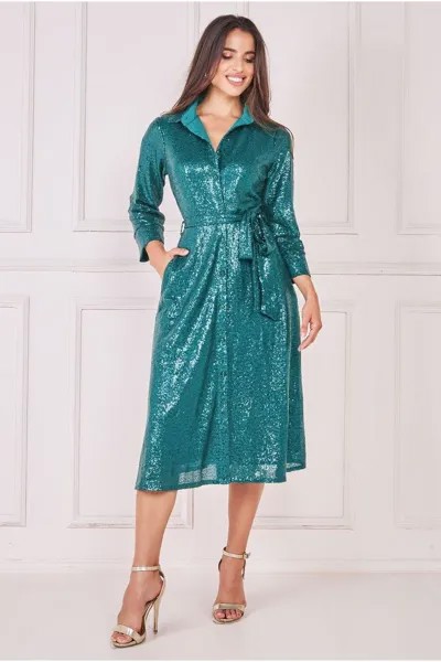 Платье-рубашка с плиссированной юбкой и пайетками Goddiva, зеленый