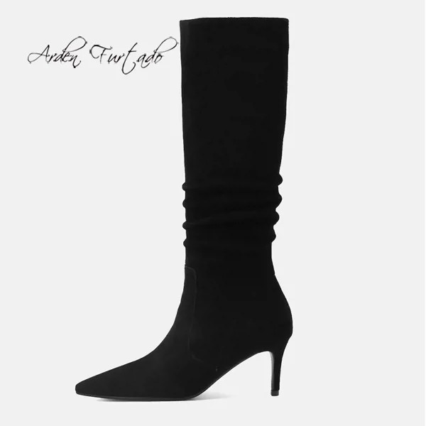 Новые модные женские туфли Arden Furtado 2021, заостренный носок, на шпильках, плиссированные персиковые элегантные сапоги, сапоги выше колена