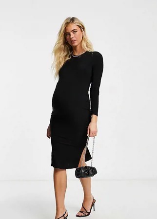 Базовое трикотажное платье миди черного цвета с длинными рукавами Flounce Maternity-Черный