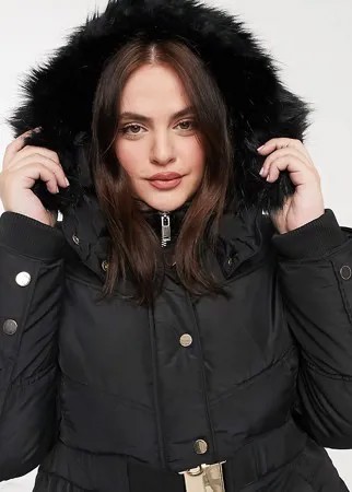 Черное удлиненное пальто-пуховик с поясом и капюшоном с искусственным мехом River Island Plus-Черный цвет