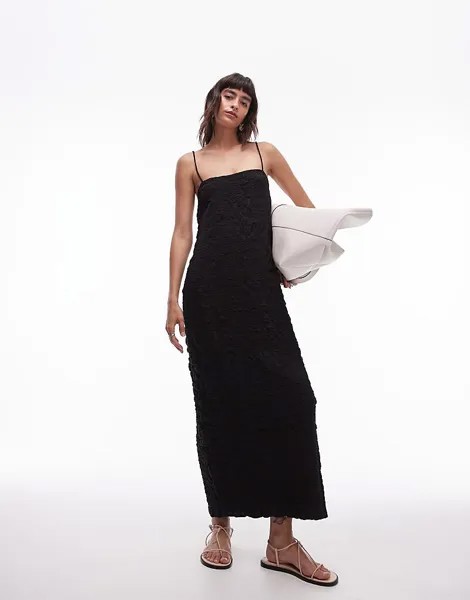 Черное фактурное платье миди с завязками на плечах Topshop
