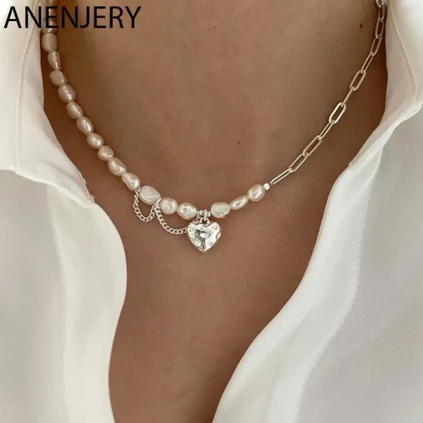 ANENJERY Нерегулярная жемчужная любовь Сердце Асимметричное ожерелье для женщин Темперамент Ювелирные изделия