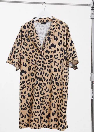 Свободное платье-рубашка мини с леопардовым принтом ASOS DESIGN Curve-Коричневый