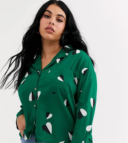 Блузка с абстрактным принтом и отложным воротником Wednesday's Girl Curve-Зеленый