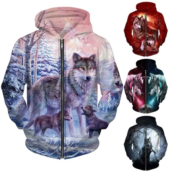 Wolf 3D Принт Толстовка для мужчин / женщин Harajuku Модная куртка с молнией