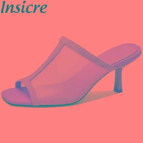 Классические летние туфли Insicre 2022, сетчатые женские сандалии на высоком тонком каблуке с открытым носком, золотые тапочки, размер 41, высокое ...