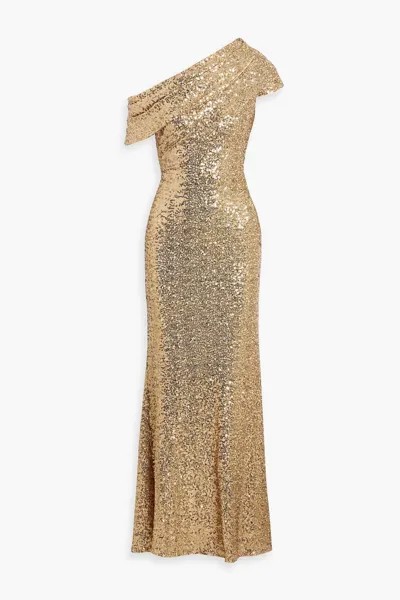 Платье из тюля с пайетками и драпировкой на одно плечо BADGLEY MISCHKA, золотой