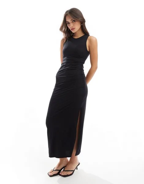 Черное облегающее платье макси со сборками по бокам New Look