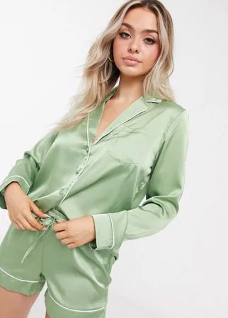 Шалфейно-зеленая атласная рубашка от пижамы ASOS DESIGN-Зеленый цвет