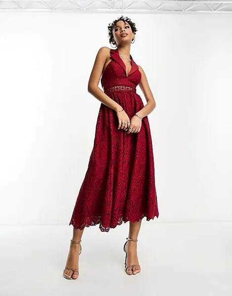Бордовое платье миди с кружевным воротником и открытой спиной ASOS DESIGN