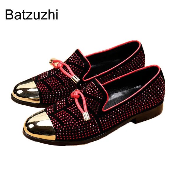 Batzuzhi красные мужские лоферы ручной работы в итальянском стиле, обувь с золотой кепкой, мужские классические туфли на плоской подошве, роско...