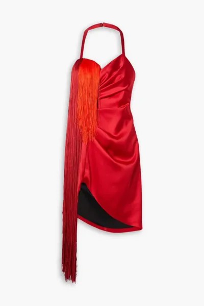 Платье мини из атласа «дюшес» с драпировкой и бахромой Halpern, красный