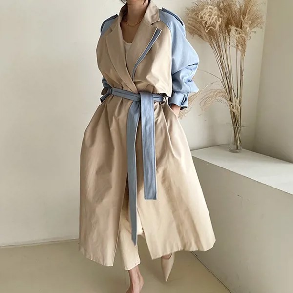 Женская Длинная ветровка с поясом, абрикосовая теплая винтажная приталенная куртка для отдыха контрастных цветов
