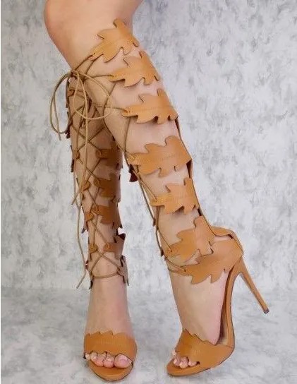 Женские сапоги с открытым носком, однотонные коричневые или белые сапоги до колена из искусственной кожи, на молнии, со шнуровкой, украшенные листьями