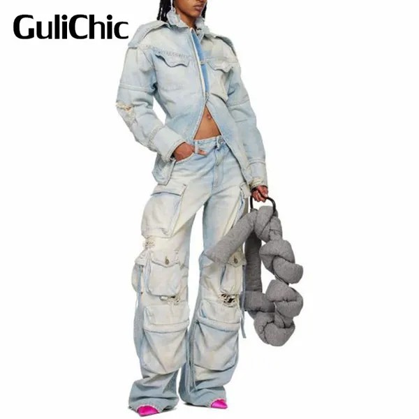 2,8 GuliChic Женская винтажная потертая хлопковая джинсовая куртка с дырками или джинсы-Карго