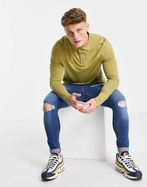 Трикотажное поло цвета хаки с длинными рукавами из органического хлопка ASOS DESIGN-Зеленый цвет