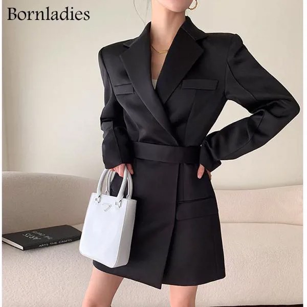 Bornladies корейское модное черное платье для женщин с отложным воротником с длинным рукавом с высокой талией Мини платья Женская весенняя одеж...