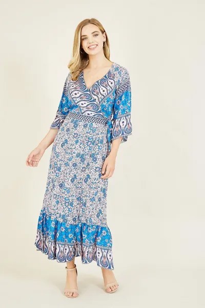 Повседневное платье макси 'Georgine' с V-образным вырезом и цветочным принтом Yumi, синий