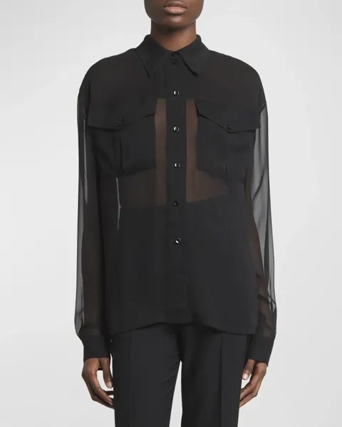 Рубашка с воротником из шелкового шифона Saint Laurent, цвет Nero