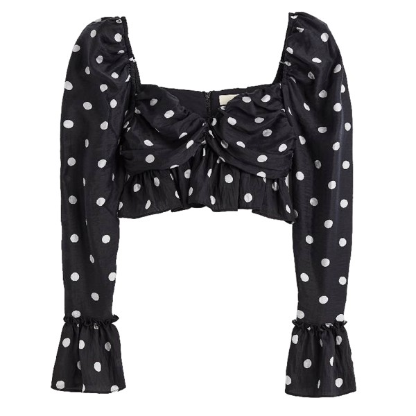 Блузка H&M Short Puff-sleeved Peplum, черный в горох