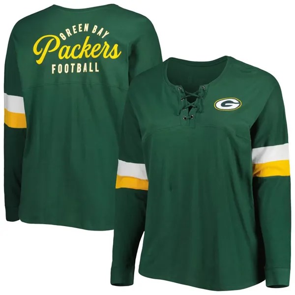 Женская спортивная университетская футболка New Era Green Green Bay Packers размера плюс с v-образным вырезом и длинными рукавами на шнуровке New Era