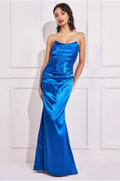 Атласное платье-бандо макси Goddiva, синий
