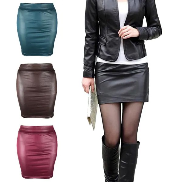 Женщины Черный PU кожаный карандаш Бодикон Высокая талия Мини Короткая эластичная юбка