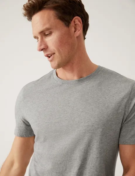 Облегающая футболка из чистого хлопка с круглым вырезом Marks & Spencer, серый микс