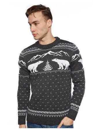 Мужской свитер, классический скандинавский орнамент, рисунок медведи и елки, натуральная шерсть, серый цвет, размер XL