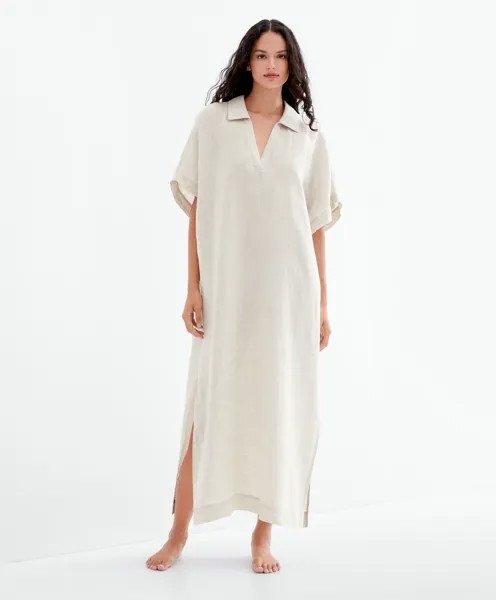 Платье-туника из 100% льна с воротником-поло OYSHO, песочный меланж