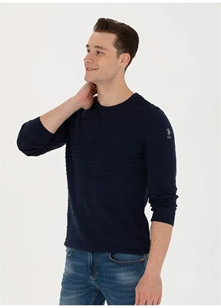 Мужской свитер узкого кроя темно-синего цвета с круглым вырезом U.S. Polo Assn.